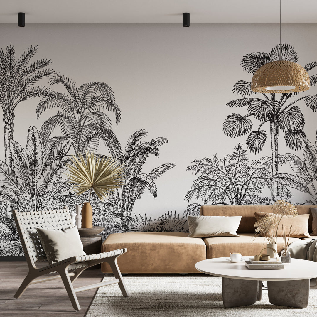 Papier peint tendance tropical noir et blanc - Kam et Léon