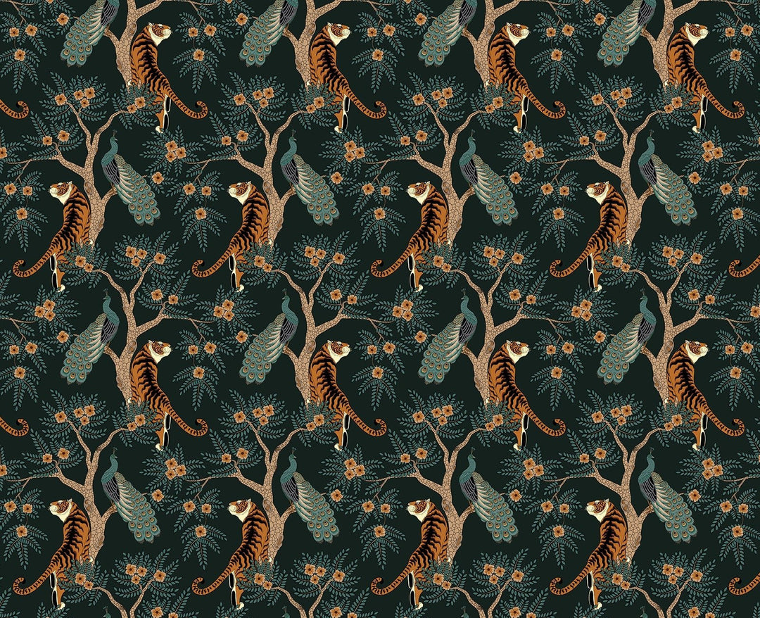 Papier peint tigre et paon dans les bois - Kam et Léon