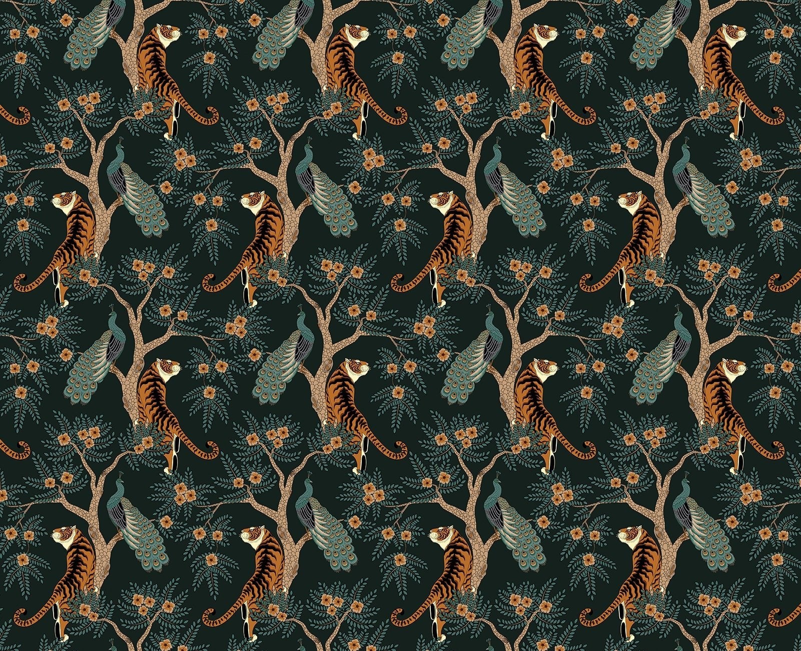 Papier peint tigre et paon dans les bois