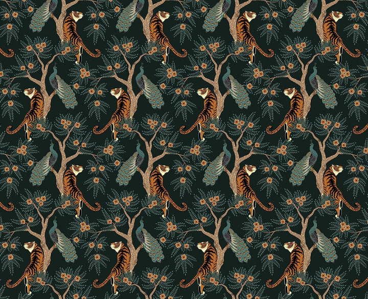 Papier peint tigre et paon dans les bois - Kam et Léon