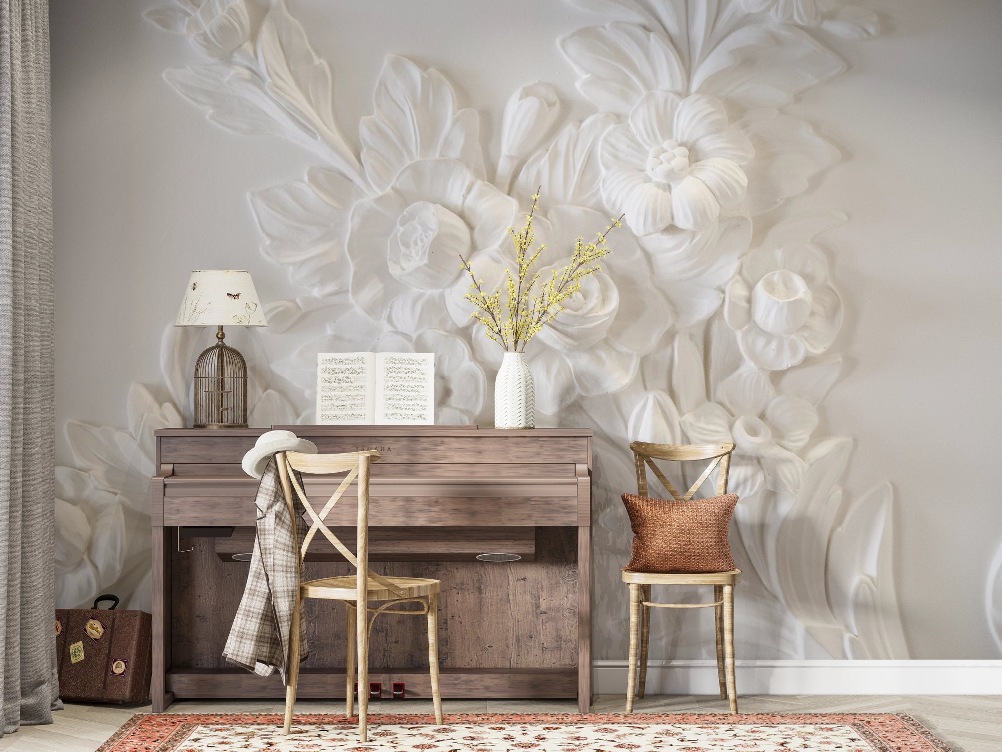 Papier peint trompe-l’œil représentant une sculpture florale