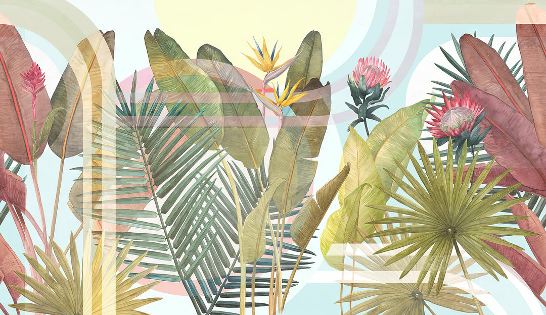 Bunte tropische Tapete - exotisches Laub und lebendige Blüten
