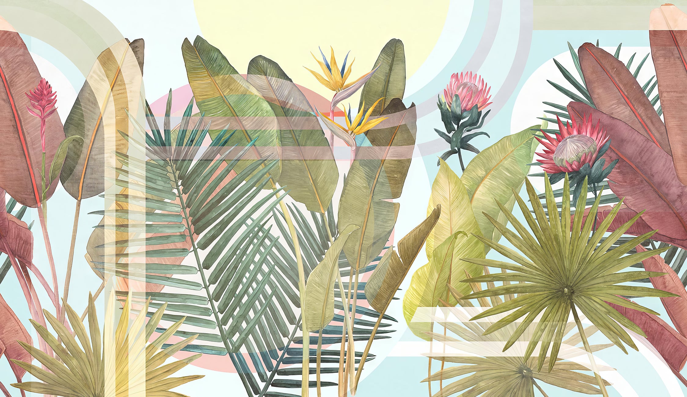 Bunte tropische Tapete - exotisches Laub und lebendige Blüten