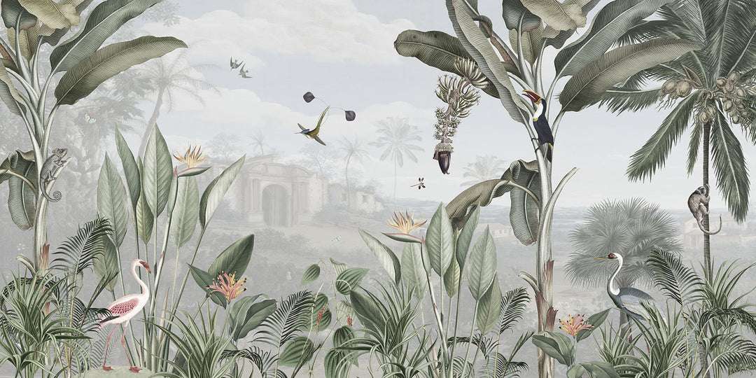 Papier Peint Tropical Oiseaux et Végétation Luxuriante