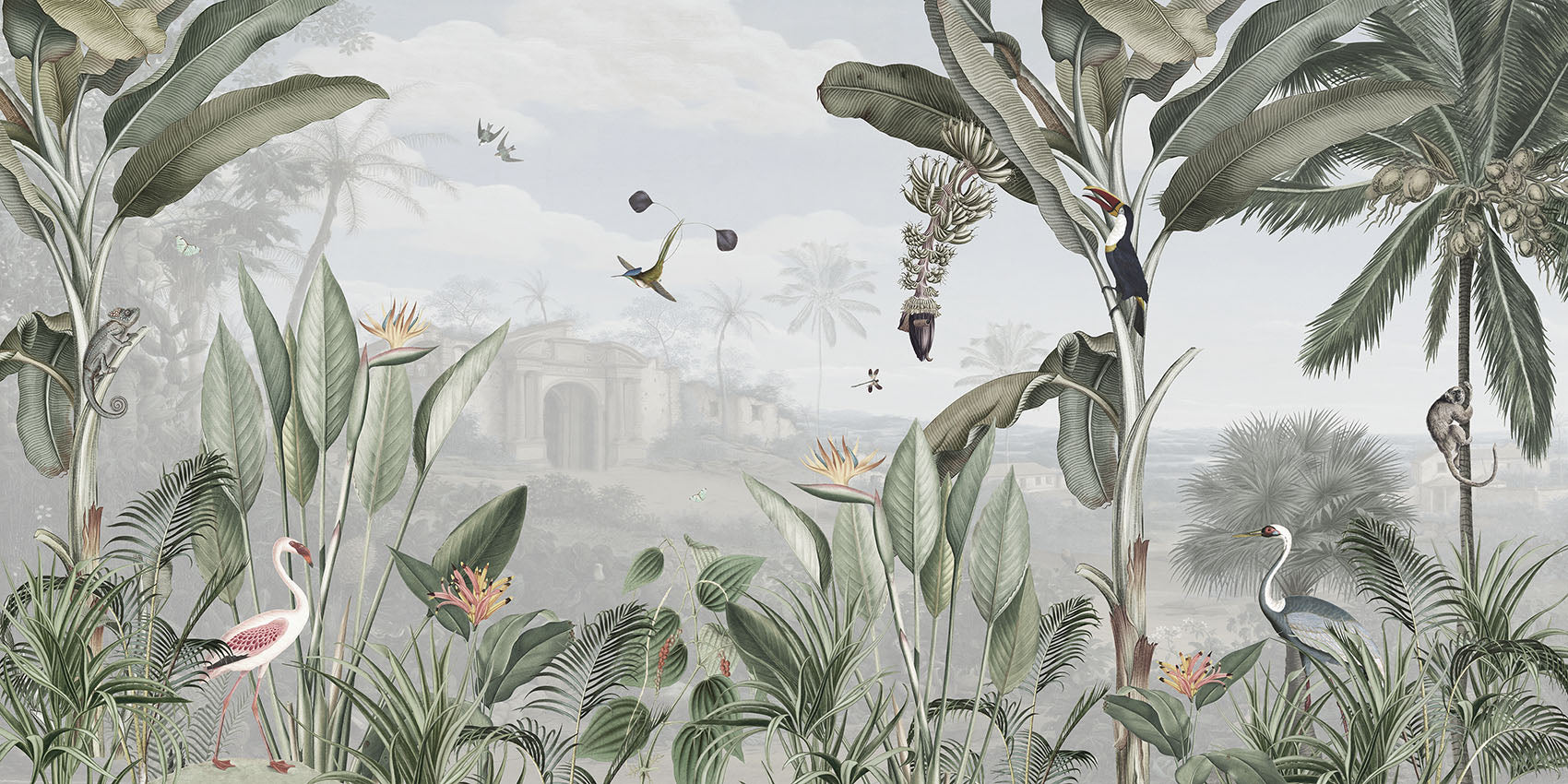 Papier Peint Tropical Oiseaux et Végétation Luxuriante