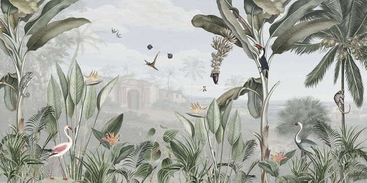 Papier Peint Tropical Oiseaux et Végétation Luxuriante