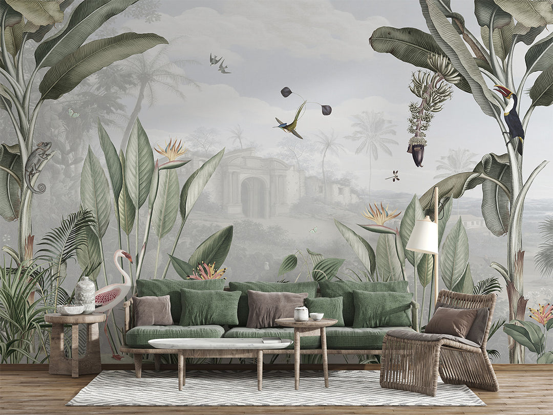 Papier Peint Tropical Oiseaux et Végétation Luxuriante