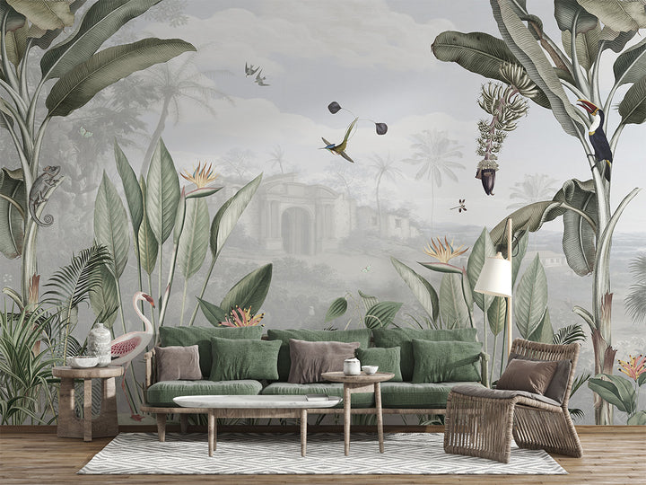 Papier Peint Tropical Oiseaux et Végétation Luxuriante