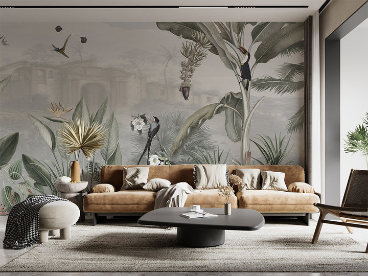 Papier Peint Tropical Oiseaux et Végétation Luxuriante