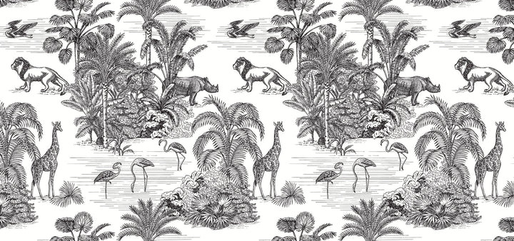 Papier Peint Tropical Toile de Jouy Safari Exotique Lion & Girafe - Kam et Léon