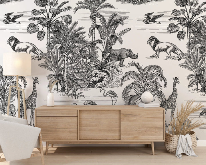 Papier Peint Tropical Toile de Jouy Safari Exotique Lion & Girafe - Kam & Leon