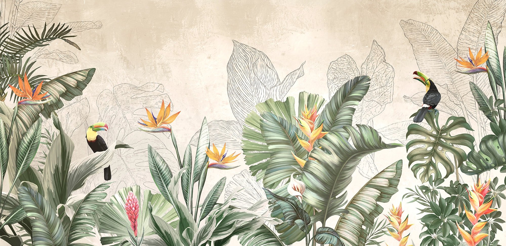 Papier peint tropical toucans et fleurs exotiques