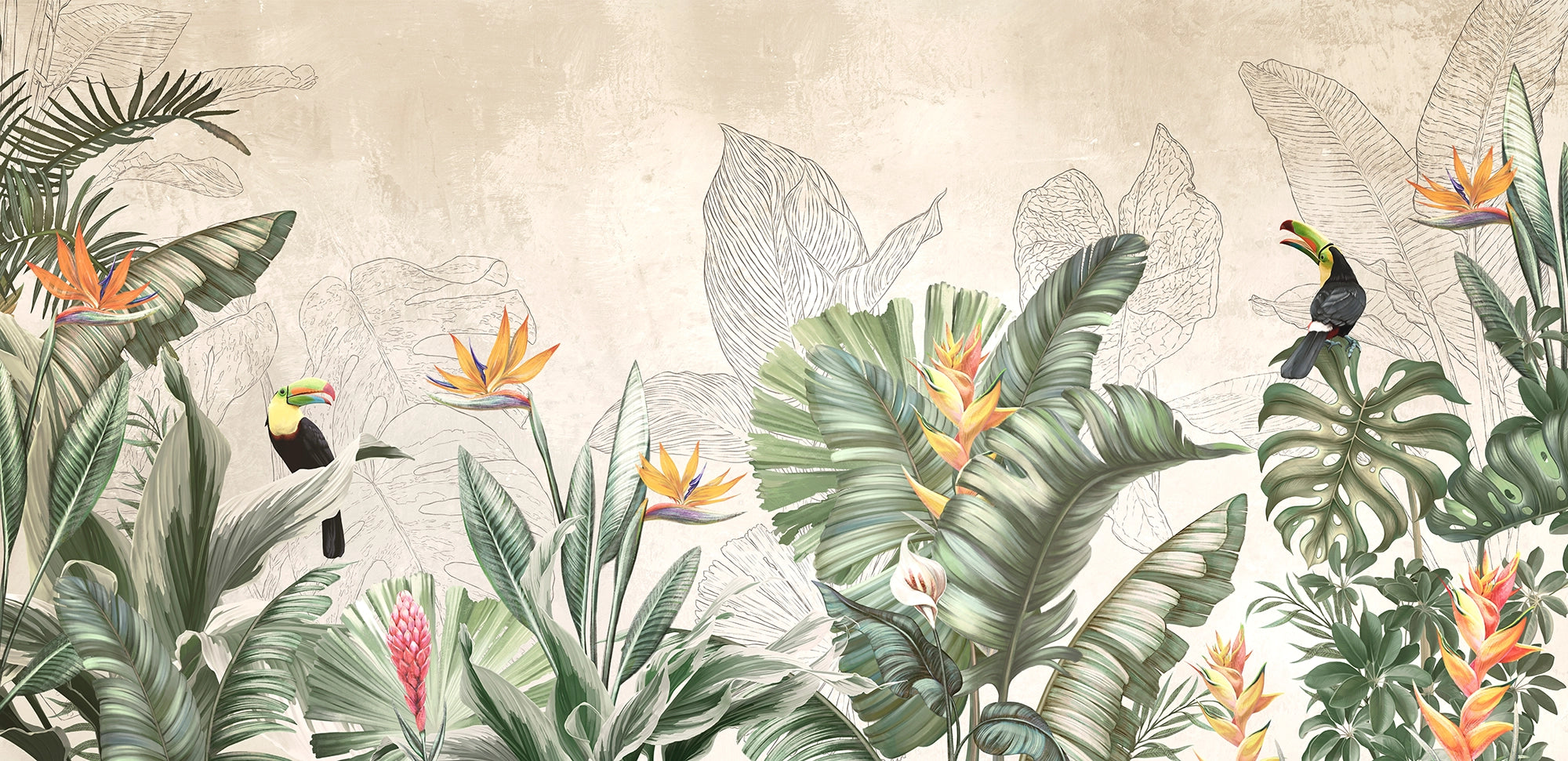 Tropical wallpaper toucans and exotic flowers