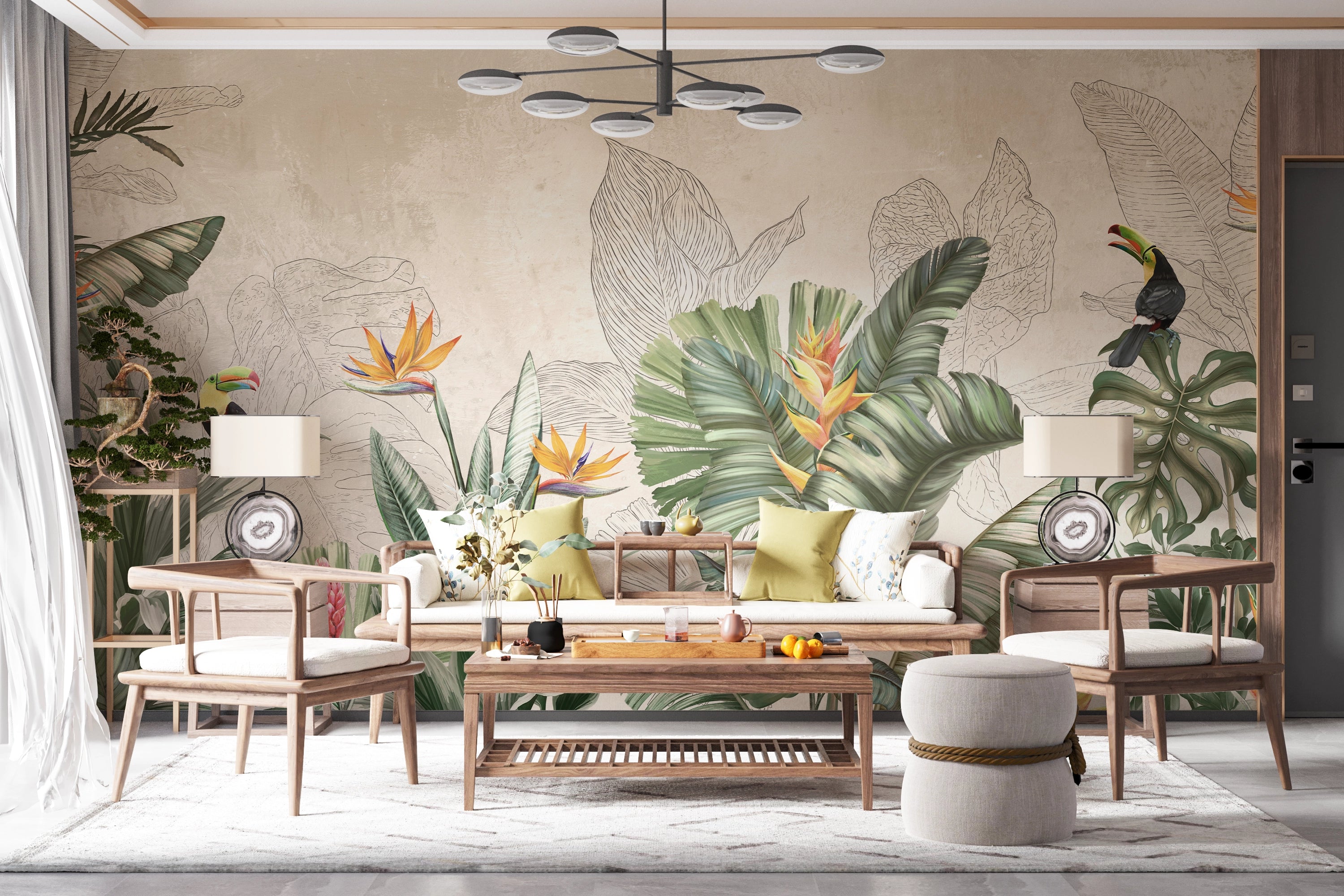 Tropical wallpaper toucans and exotic flowers