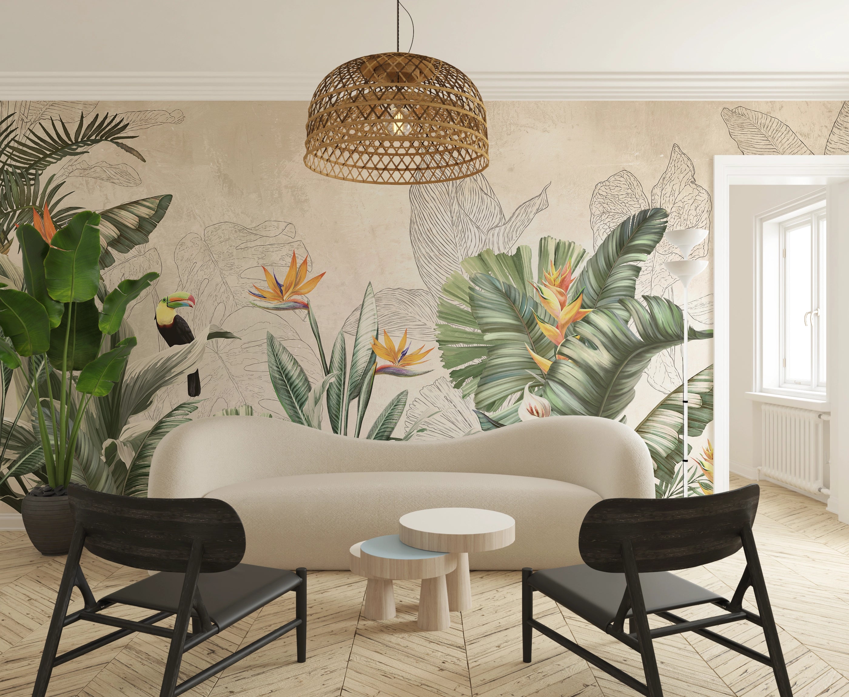 Tropical wallpaper toucans and exotic flowers