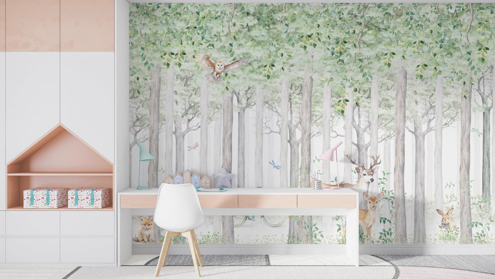 Tapisserie murale panoramique cerf dans la forêt - Kam et Léon