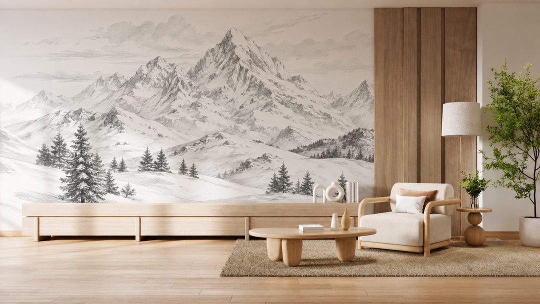 Papier peint panoramique montagne enneigée noir et blanc – Dessin au crayon