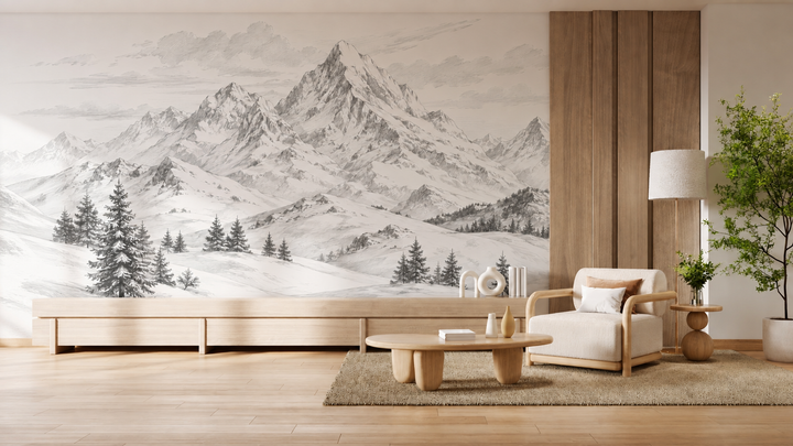 Papier peint panoramique montagne enneigée noir et blanc – Dessin au crayon