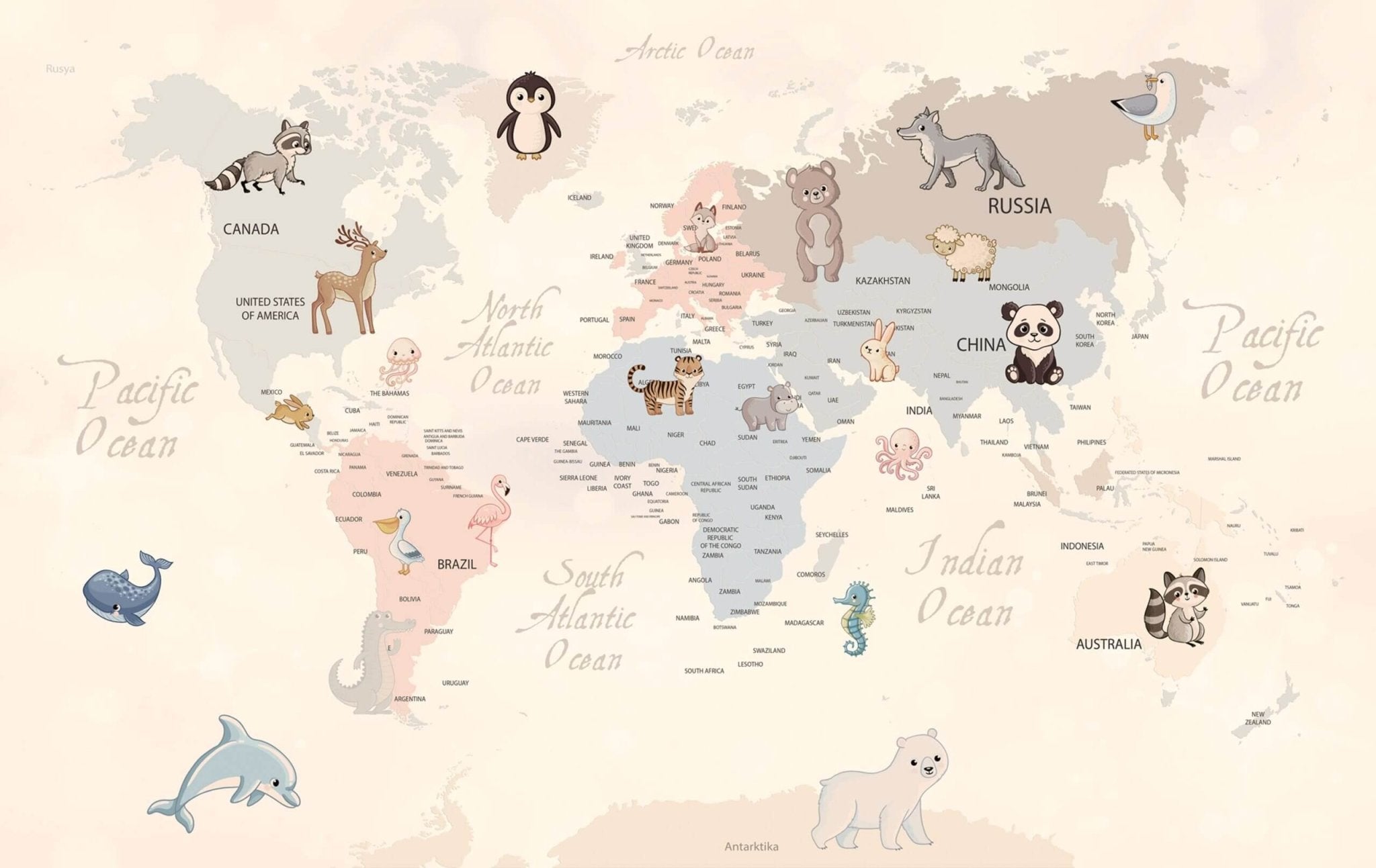 Décor mural chambre enfant carte du monde animaux livraison offerte - Kam & Leon