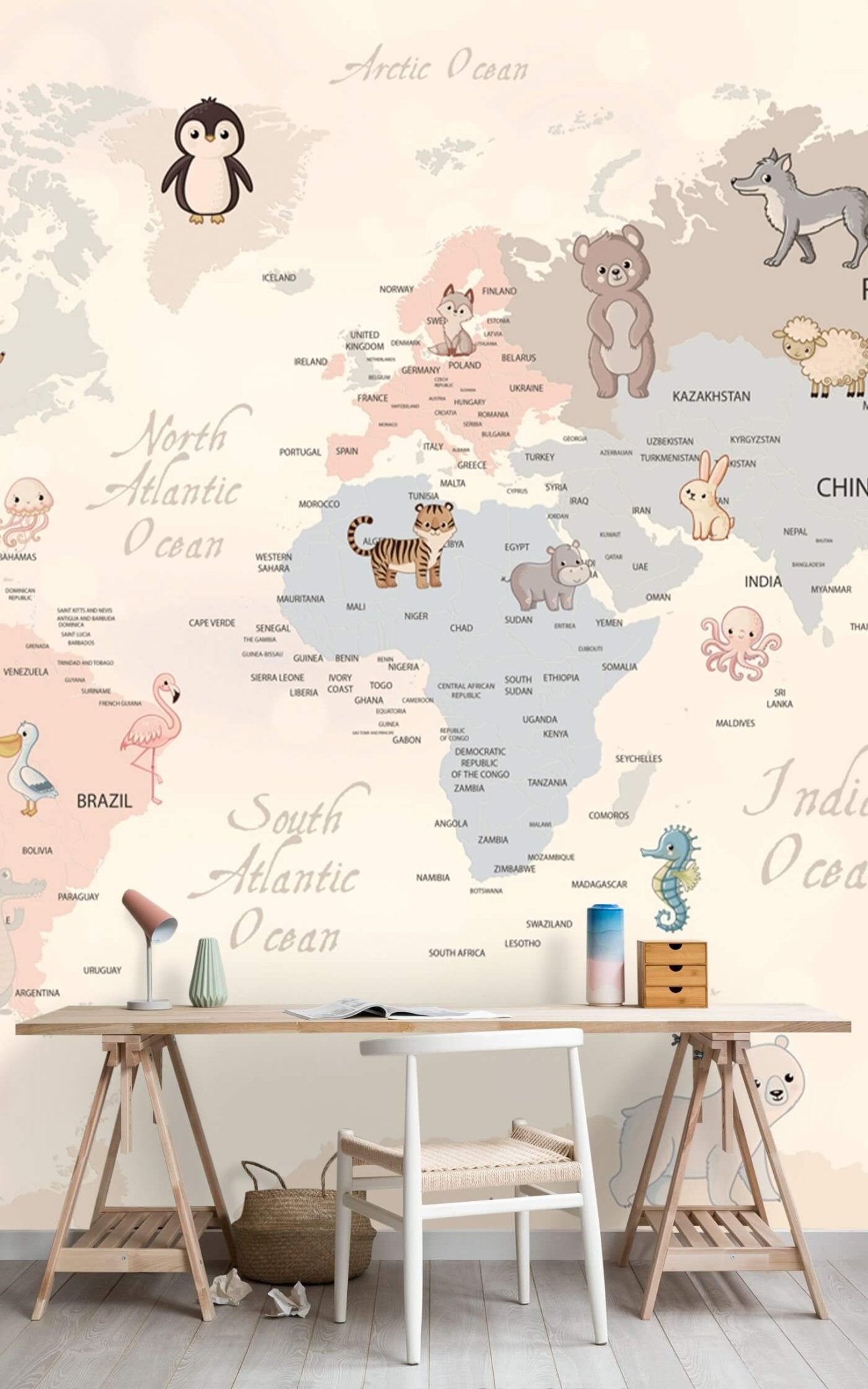 Décor mural chambre enfant carte du monde animaux livraison offerte - Kam & Leon