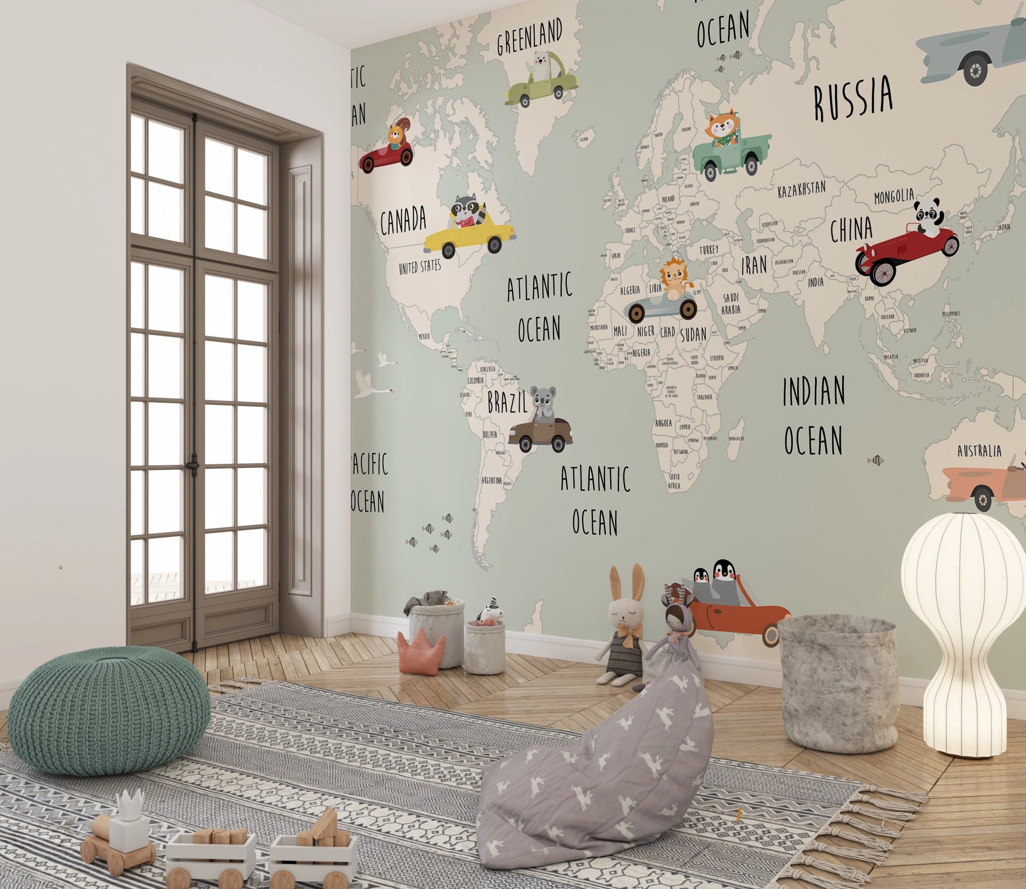 Décor mural chambre enfant carte du monde automobiles