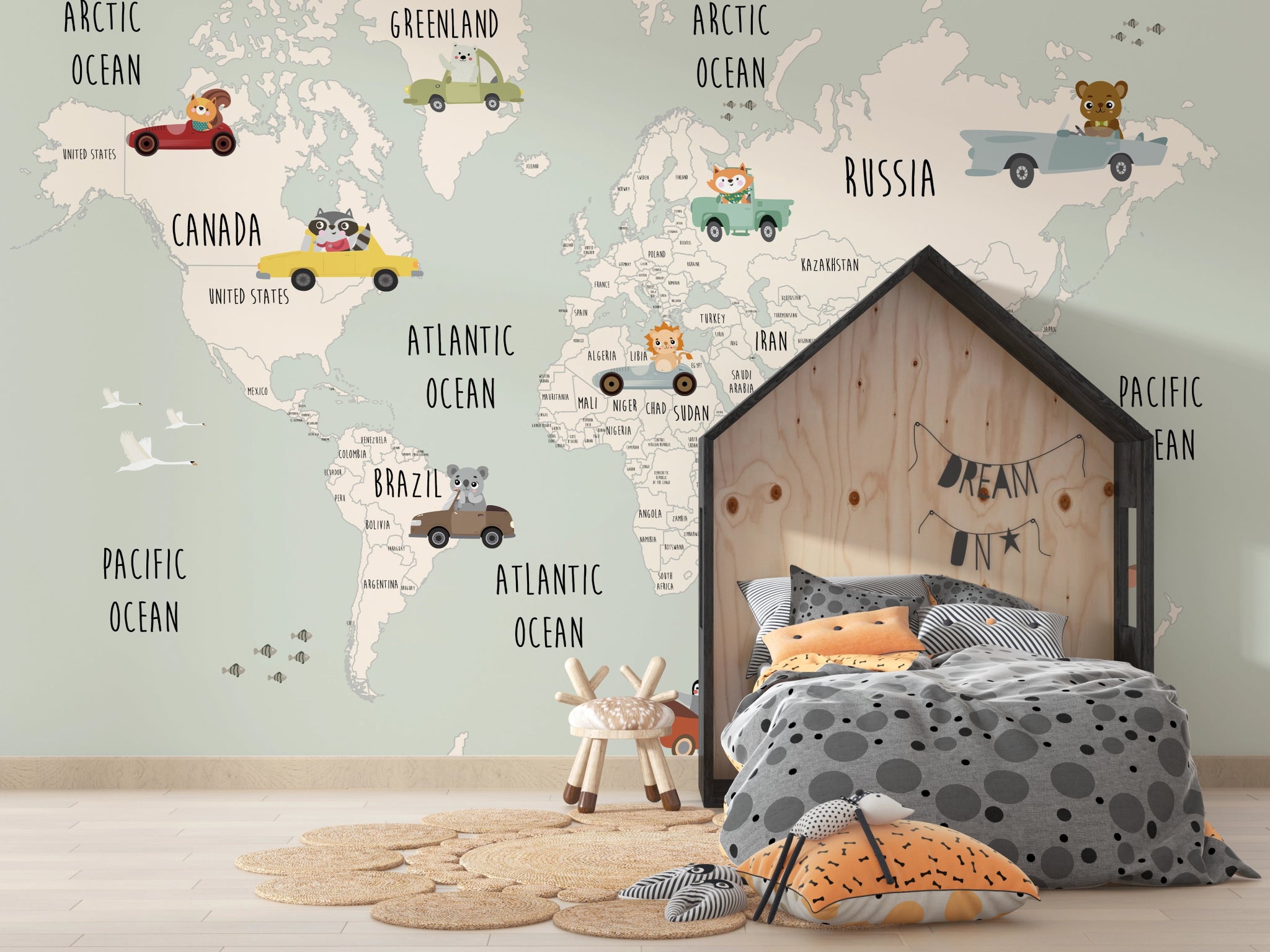 Décor mural chambre enfant carte du monde automobiles