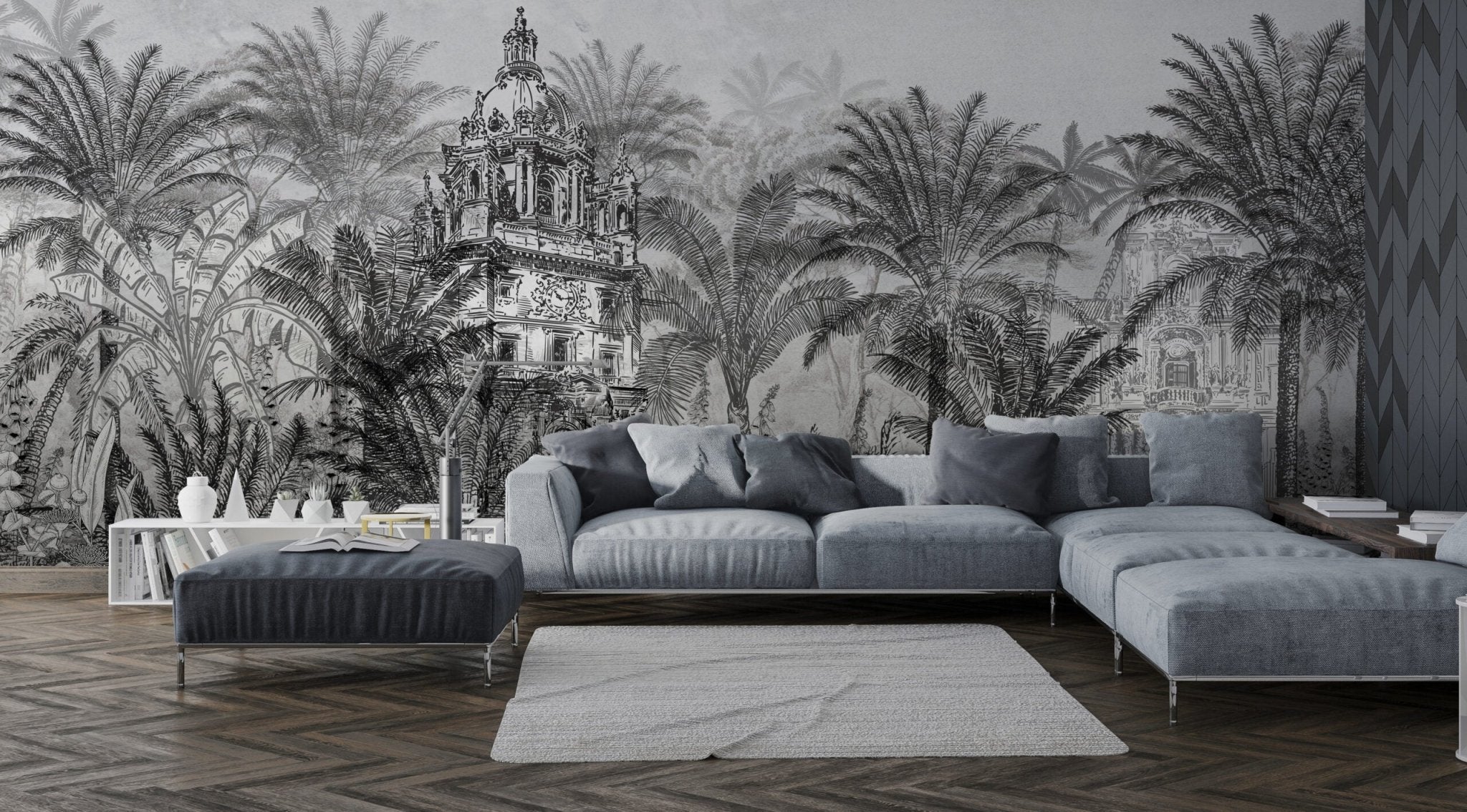Papier peint panoramique jungle tropicale noir & blanc livraison offerte - Kam & Leon