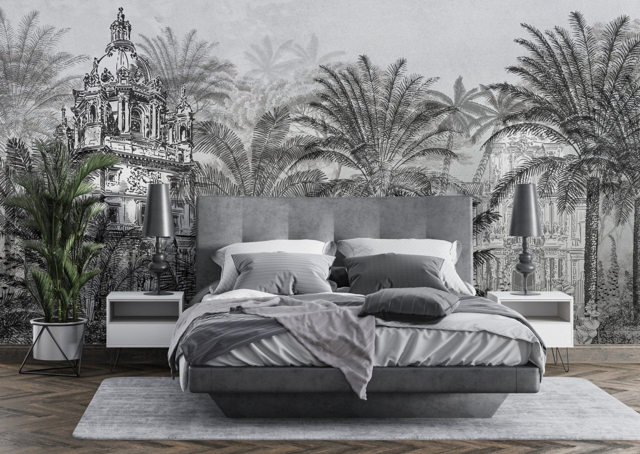 Papier peint panoramique jungle tropicale noir & blanc livraison offerte - Kam & Leon