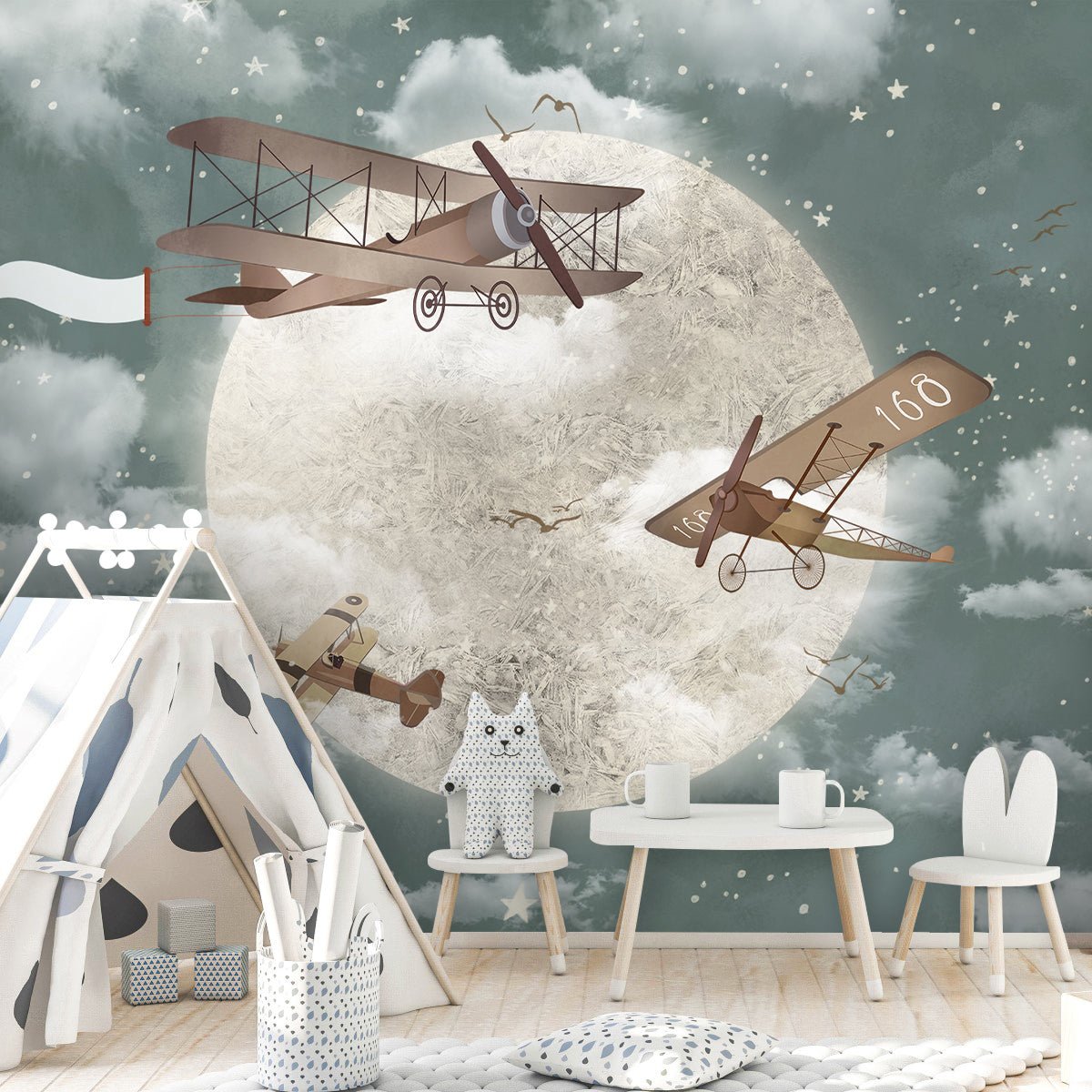 Papier peint avions dans le ciel chambre enfant - Kam & Leon