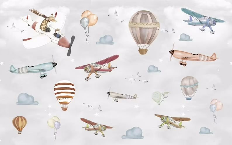 Papier peint avions & montgolfières dans le ciel - Kam & Leon