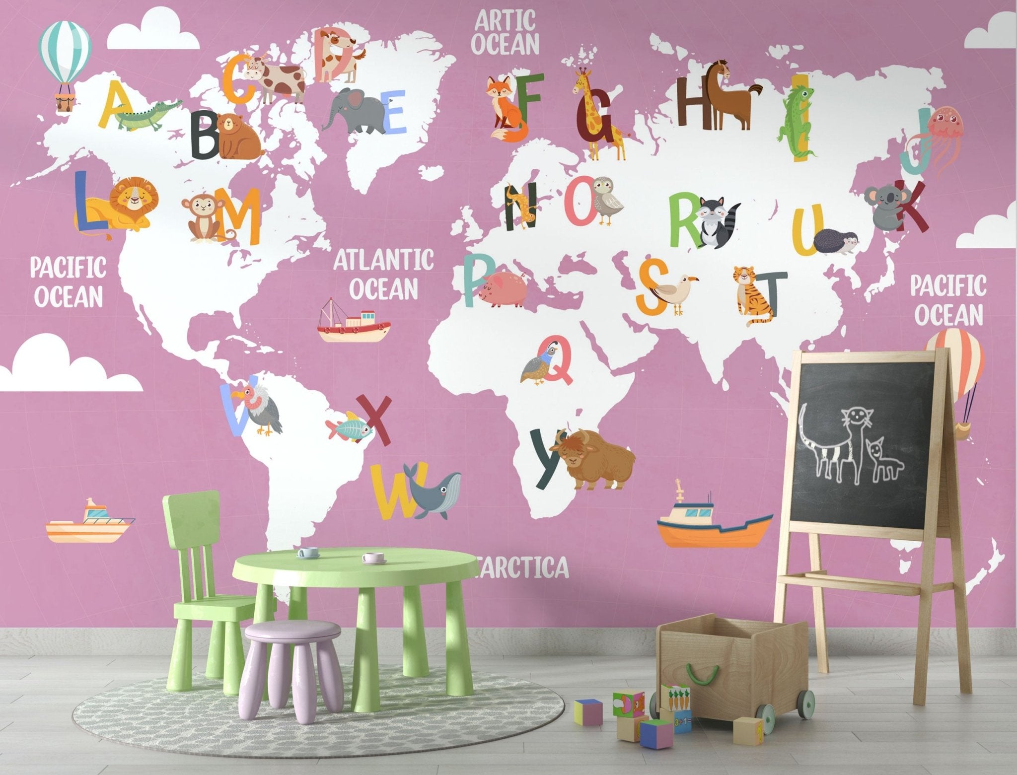 Papier peint carte du monde alphabet rose - Kam & Leon