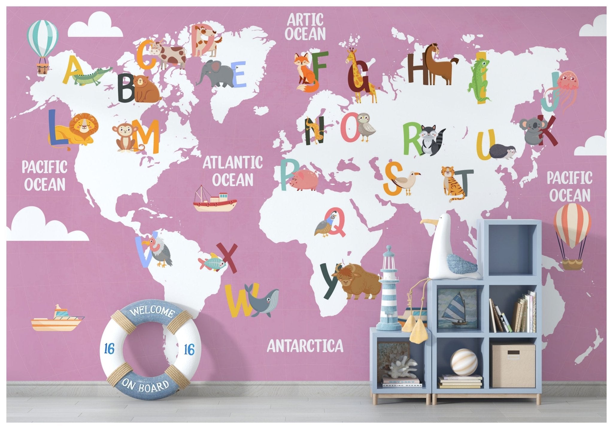 Papier peint carte du monde alphabet rose - Kam & Leon