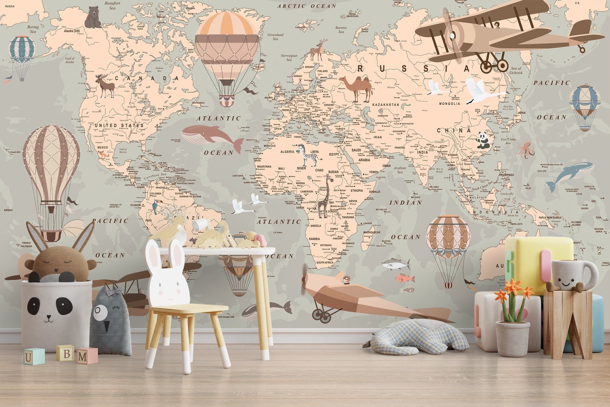 Papier peint carte du monde avion enfant - Kam & Leon