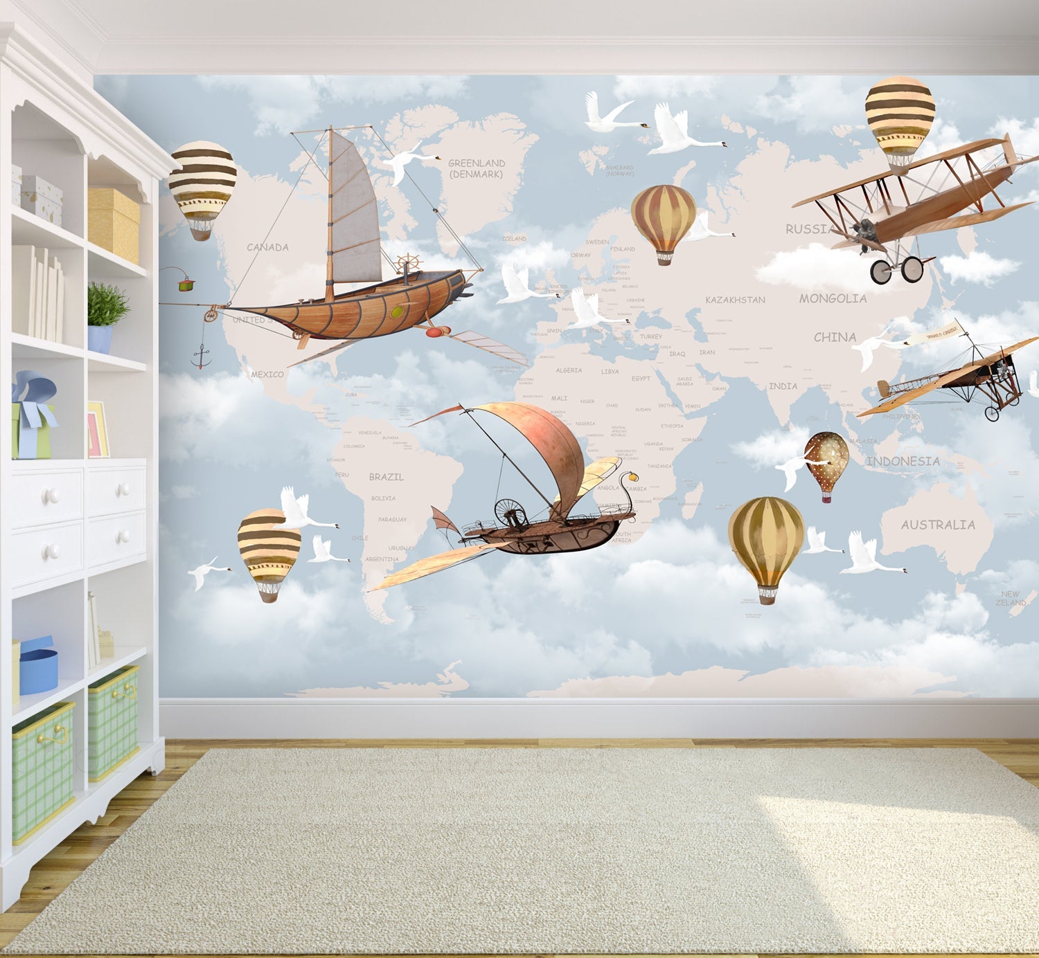 Papier peint carte du monde, avions, bateaux & montgolfières - Kam & Leon