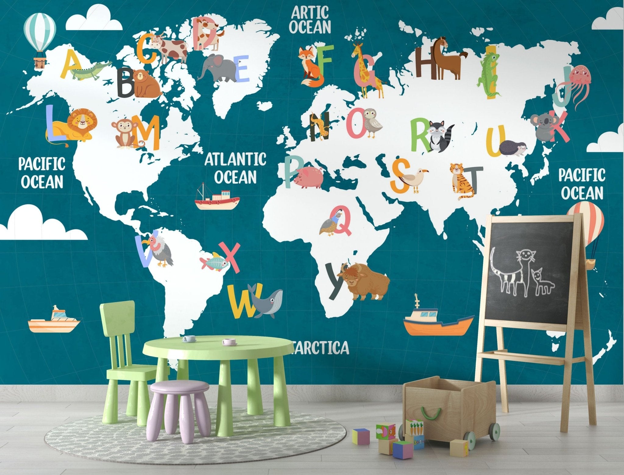 Papier peint carte du monde enfant alphabet bleu - Kam & Leon
