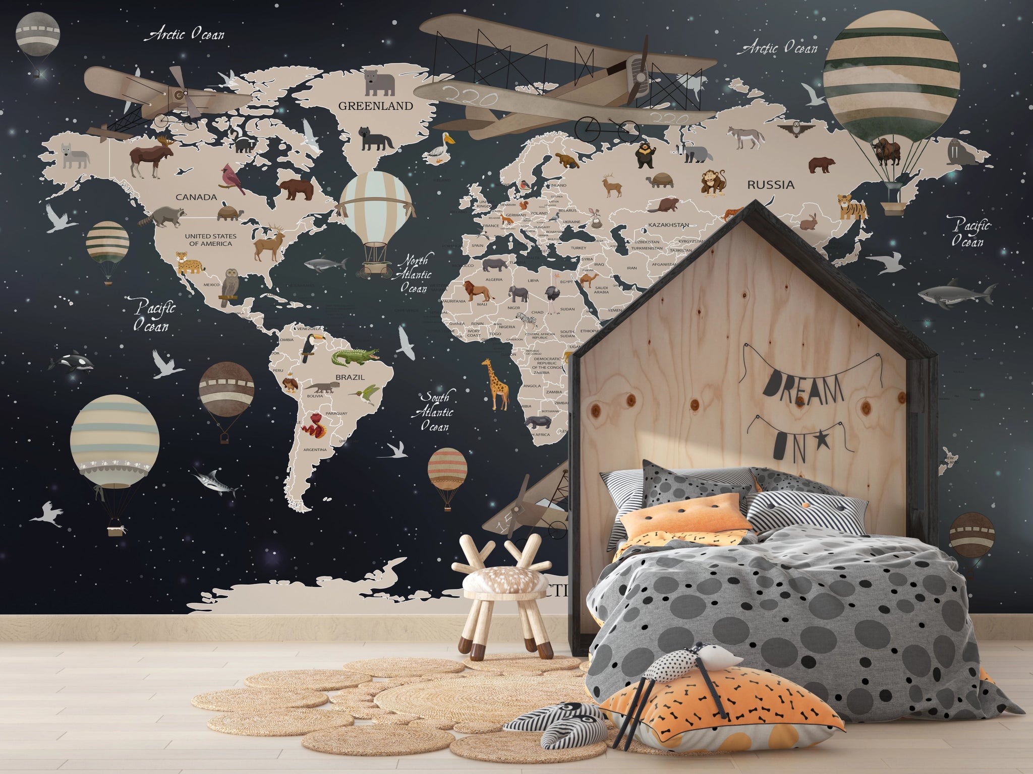 Papier peint carte du monde enfant avions & montgolfières - Kam & Leon