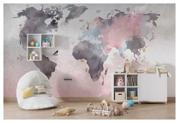 Papier peint carte du monde rose & gris - Kam & Leon