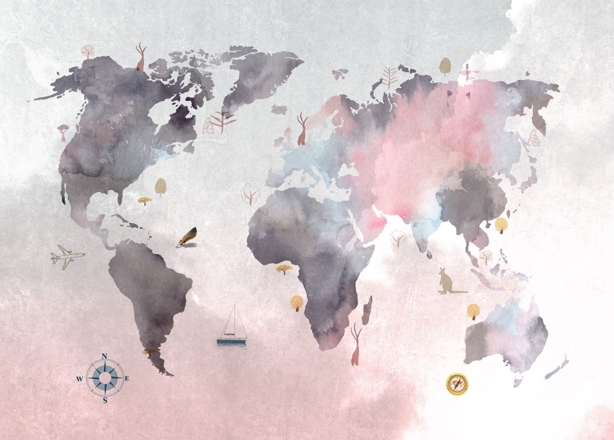 Papier peint carte du monde rose & gris - Kam & Leon