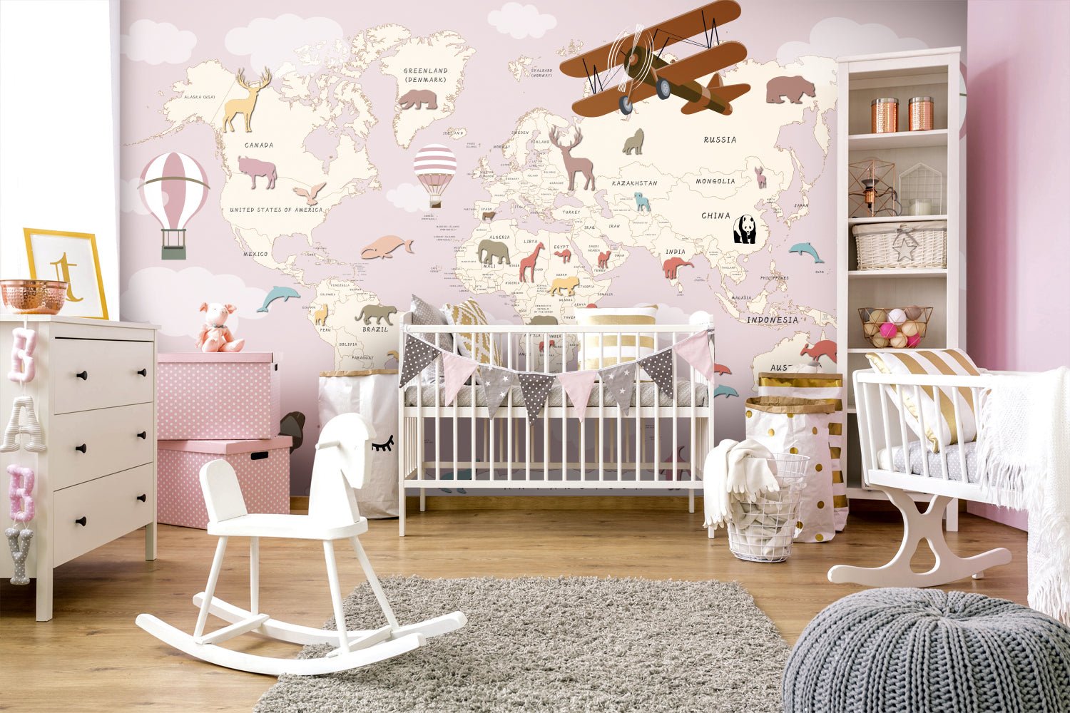 Papier peint carte du monde rose - Kam & Leon