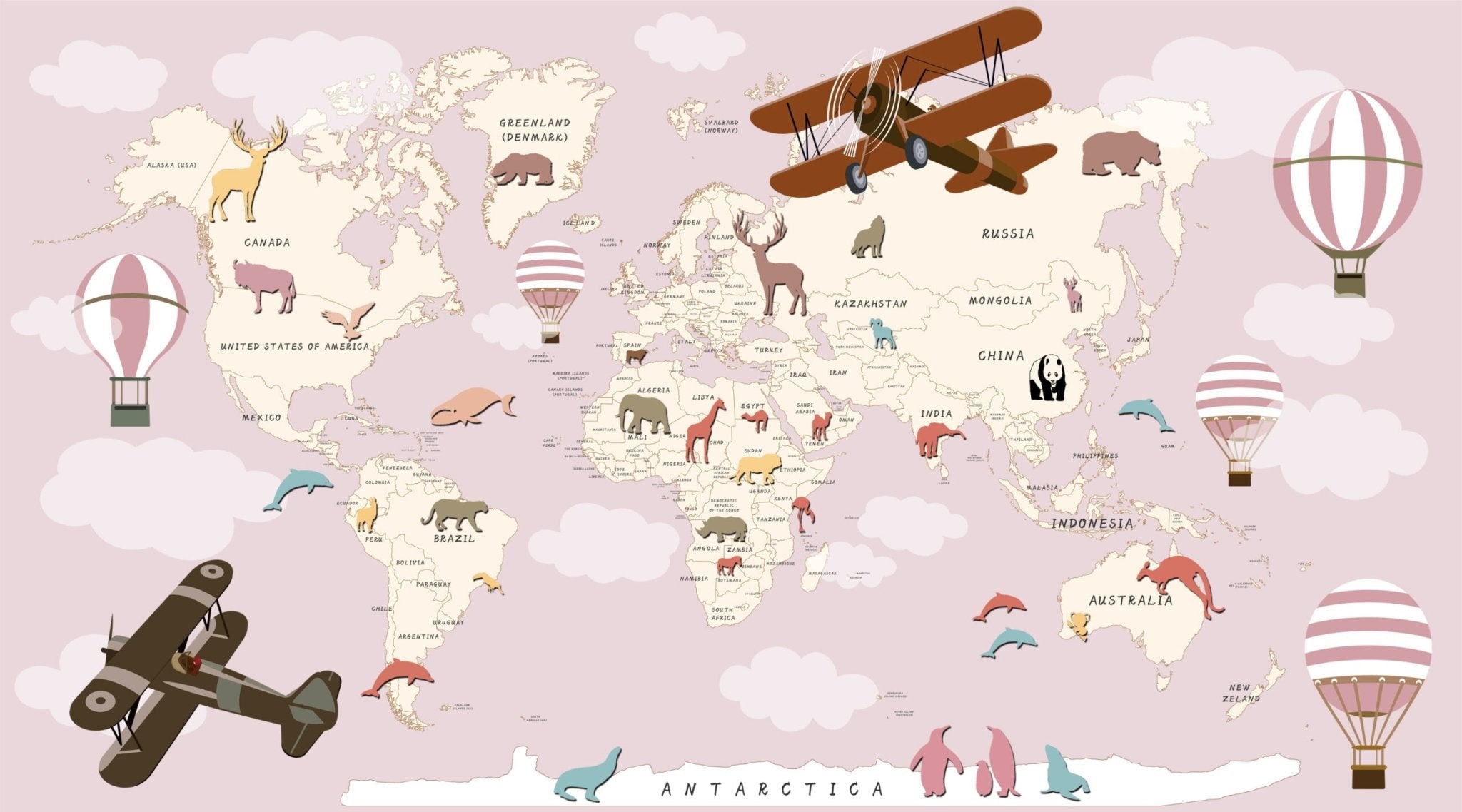 Papier peint carte du monde rose - Kam & Leon
