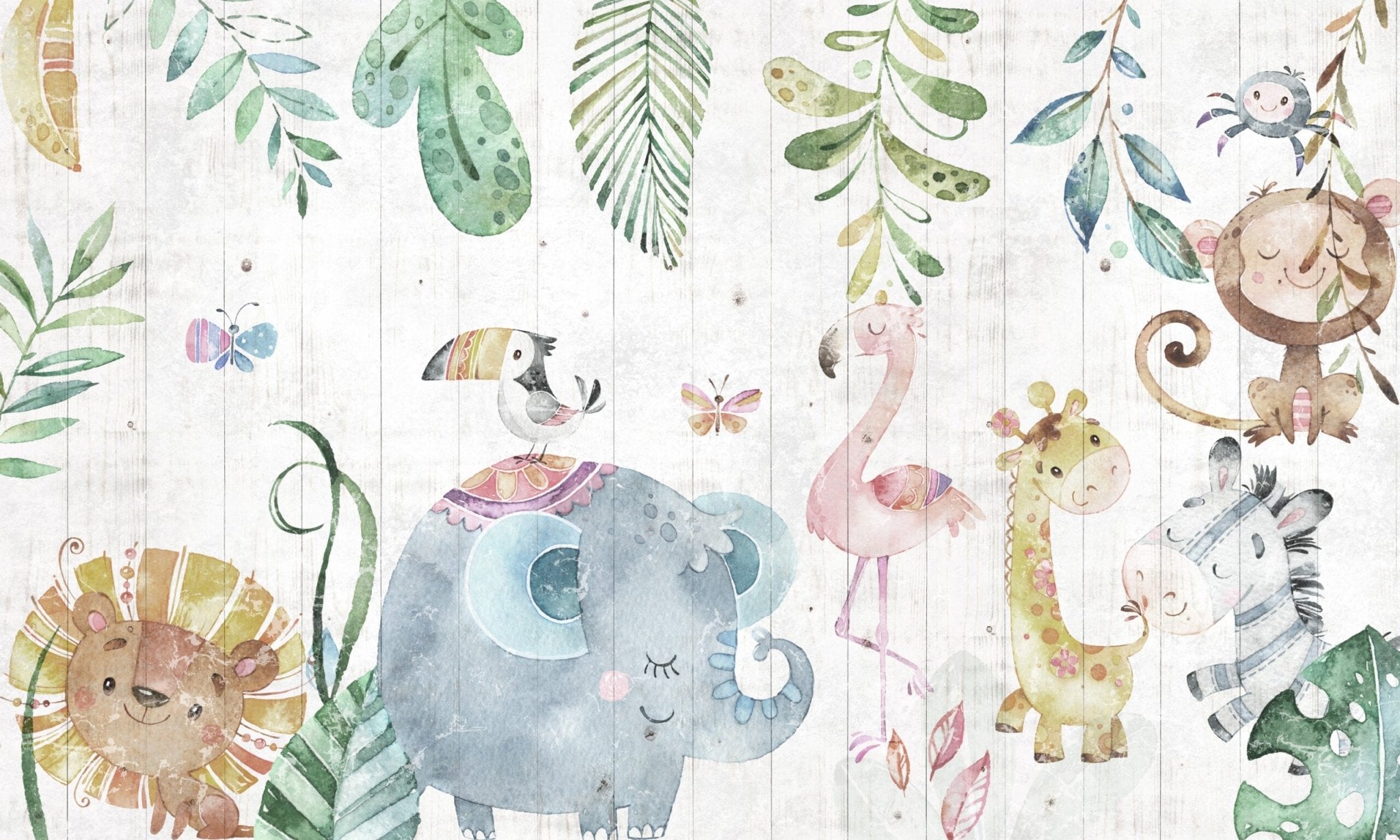Papier peint éléphant, toucan et flamant rose - Kam & Leon