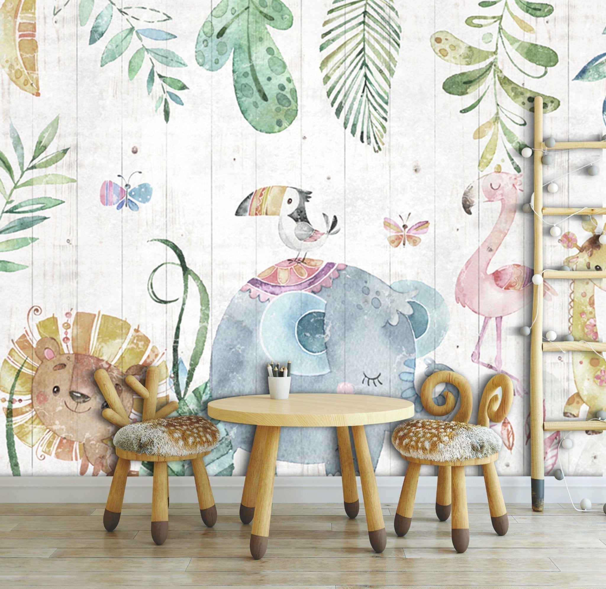 Papier peint éléphant, toucan et flamant rose - Kam & Leon