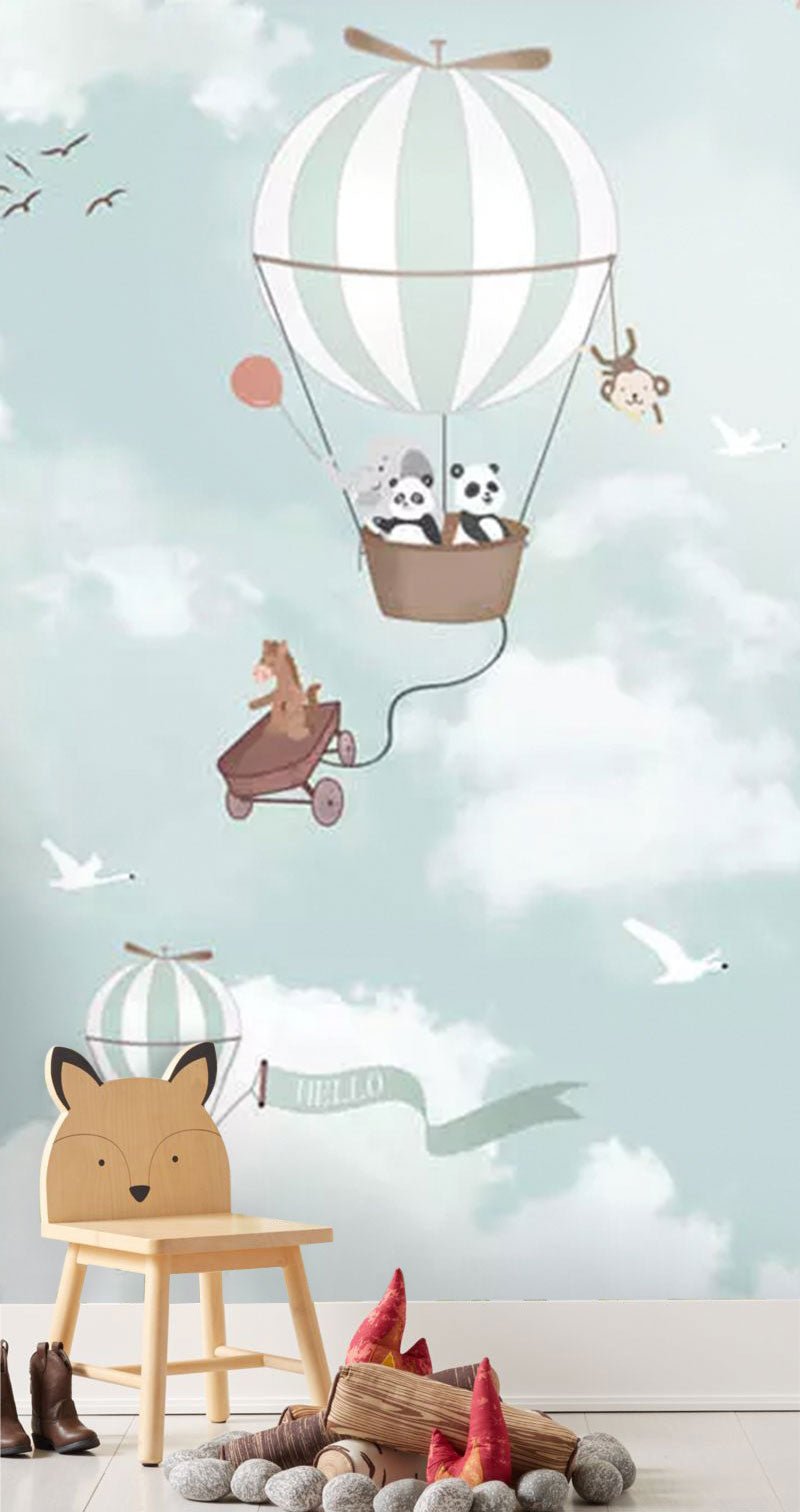 Papier peint enfant animaux en montgolfières - Kam & Leon