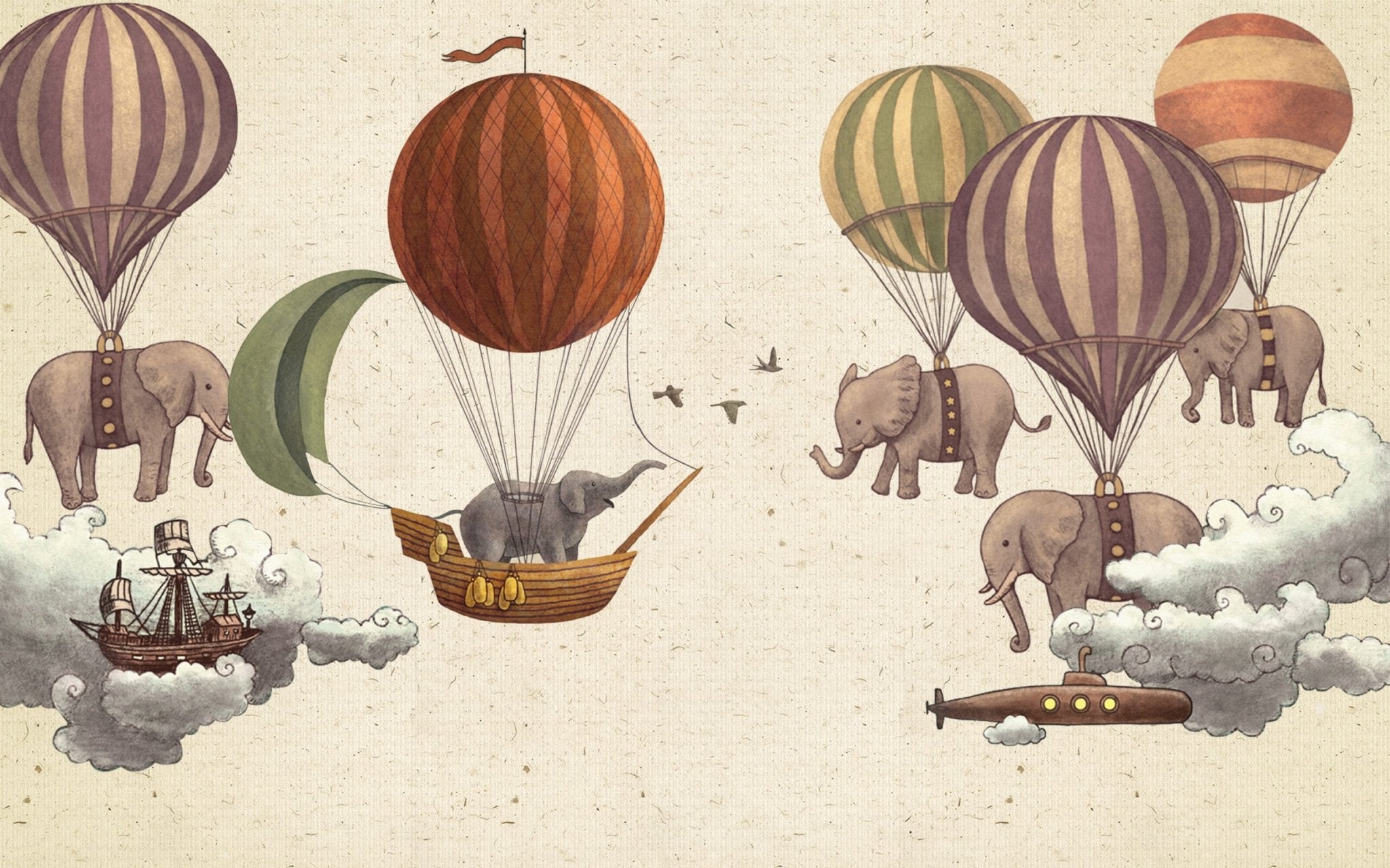 Papier peint enfant éléphants en montgolfières - Kam & Leon