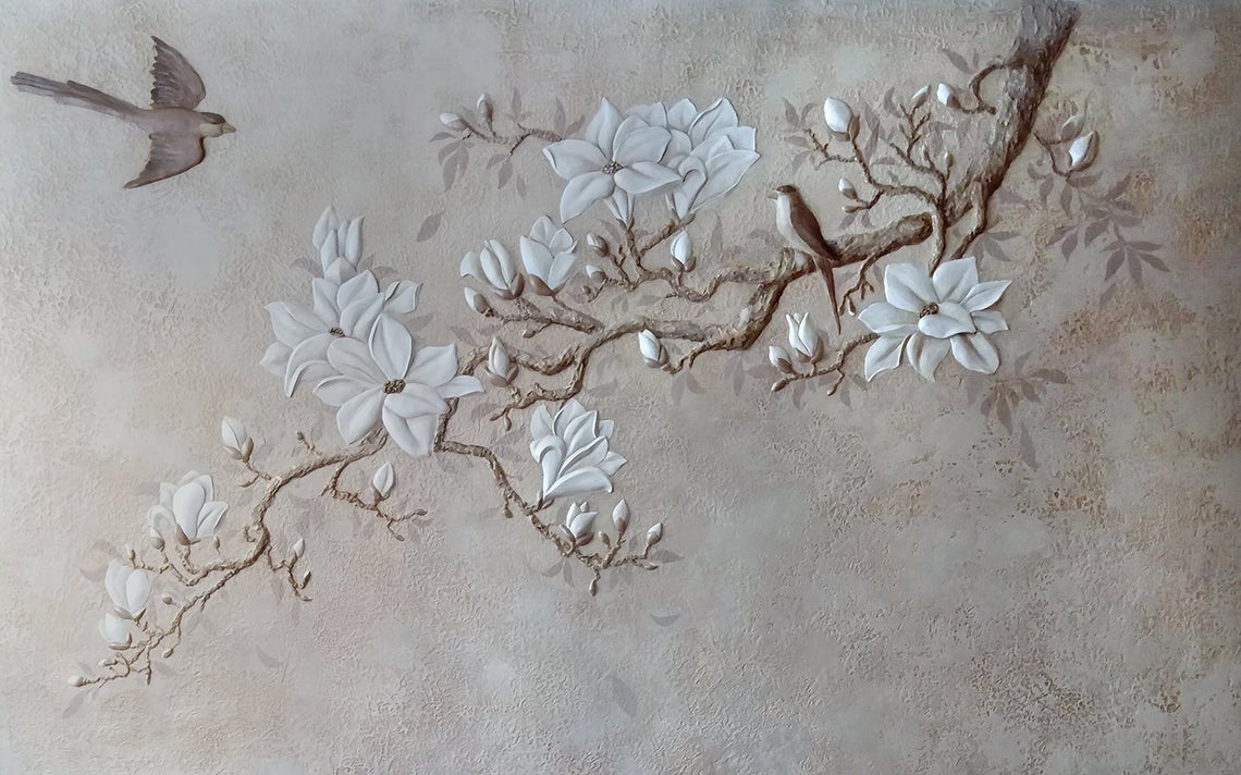 Papier peint fleurs blanches effet 3D - Kam & Leon