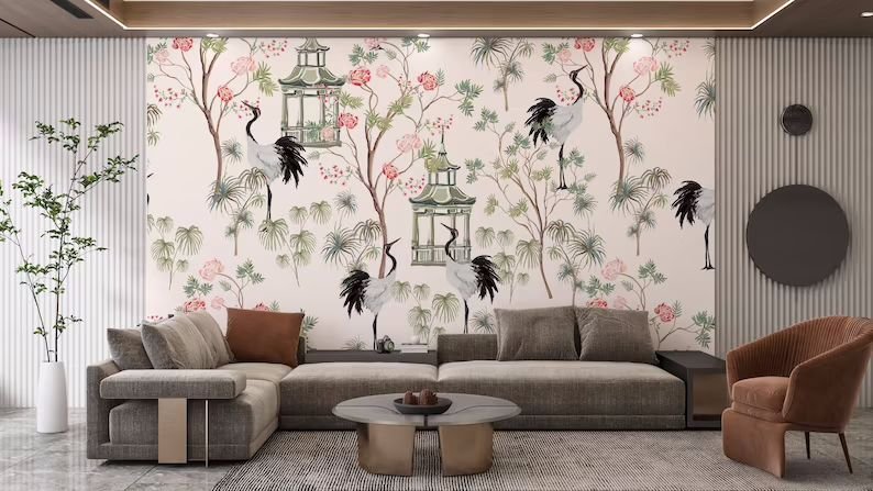 Papier peint fleurs et grues du Japon - Kam & Leon