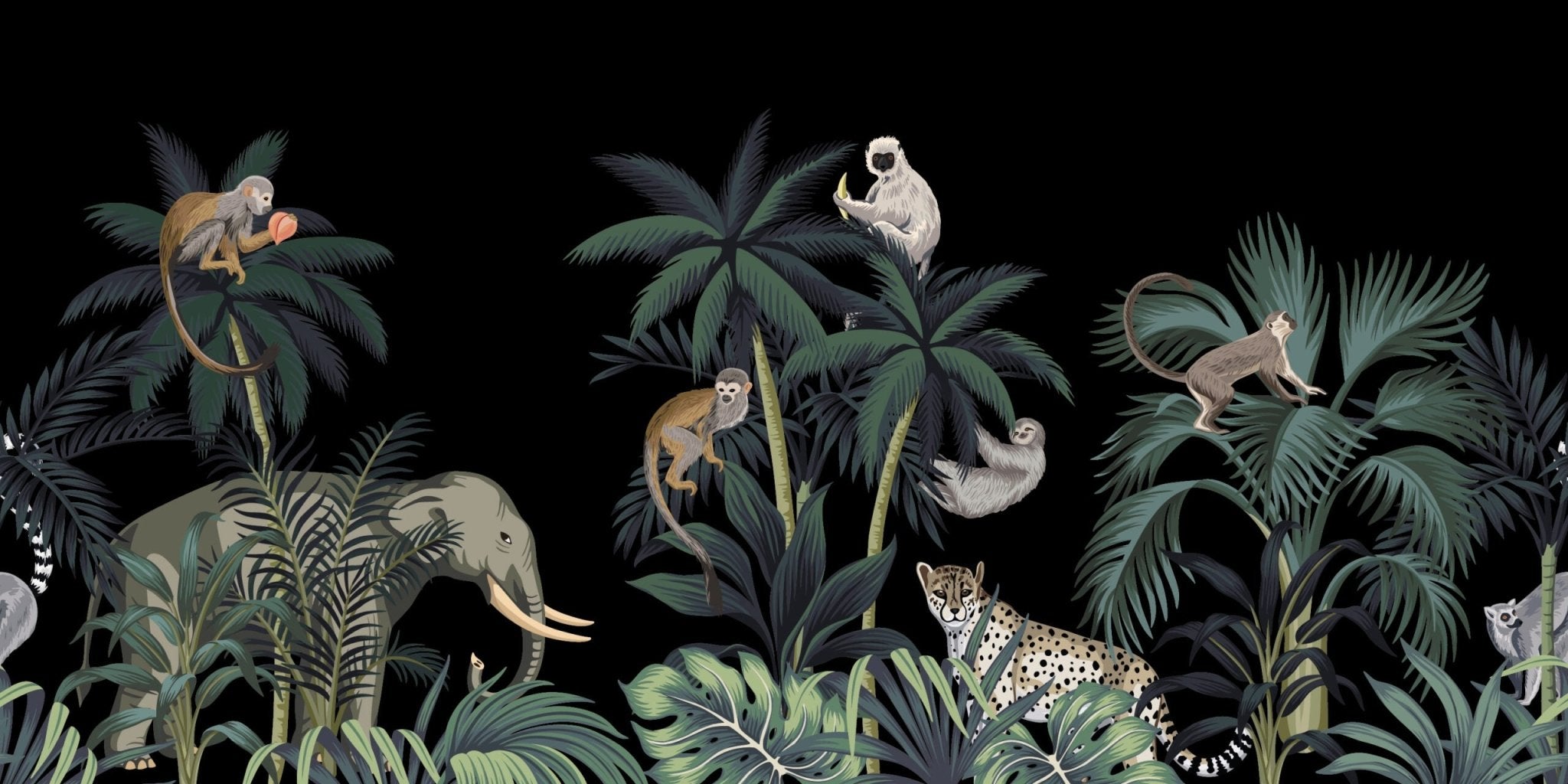 Papier peint forêt tropicale singe guépard & éléphant - Kam & Leon