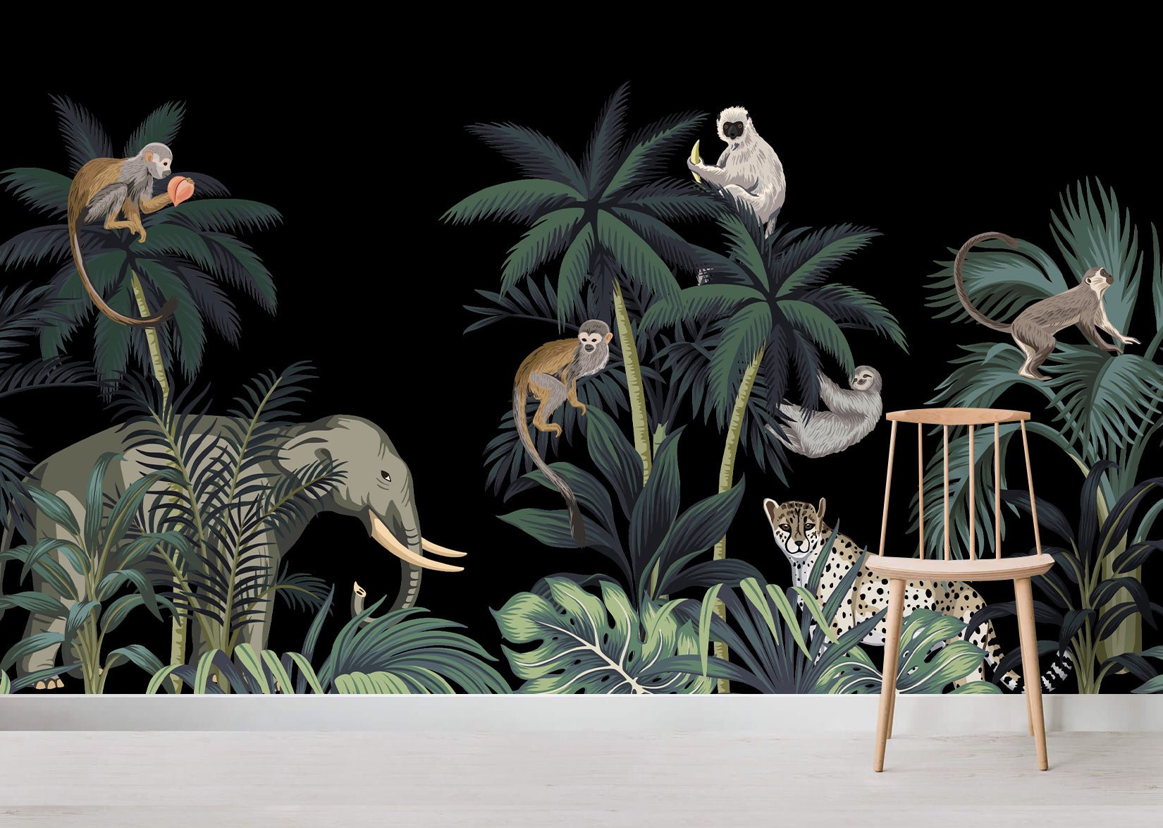 Papier peint forêt tropicale singe guépard & éléphant - Kam & Leon