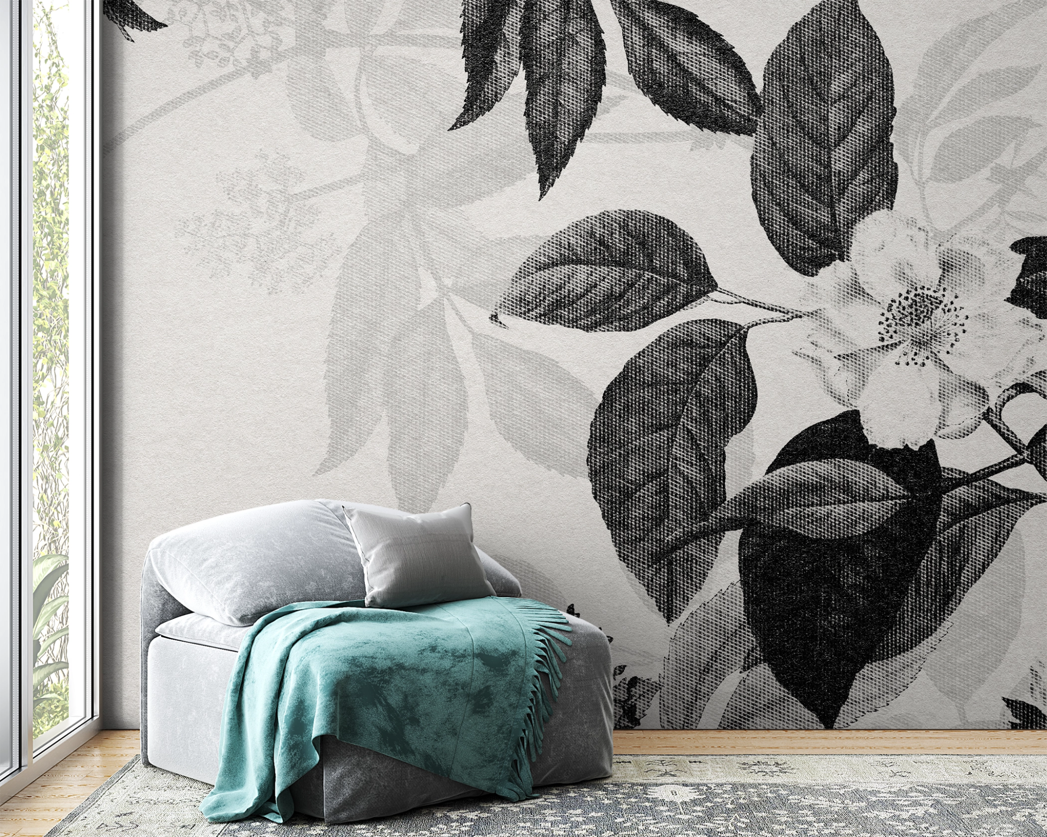Papier peint Gravure Floral noir et blanc - Kam & Leon