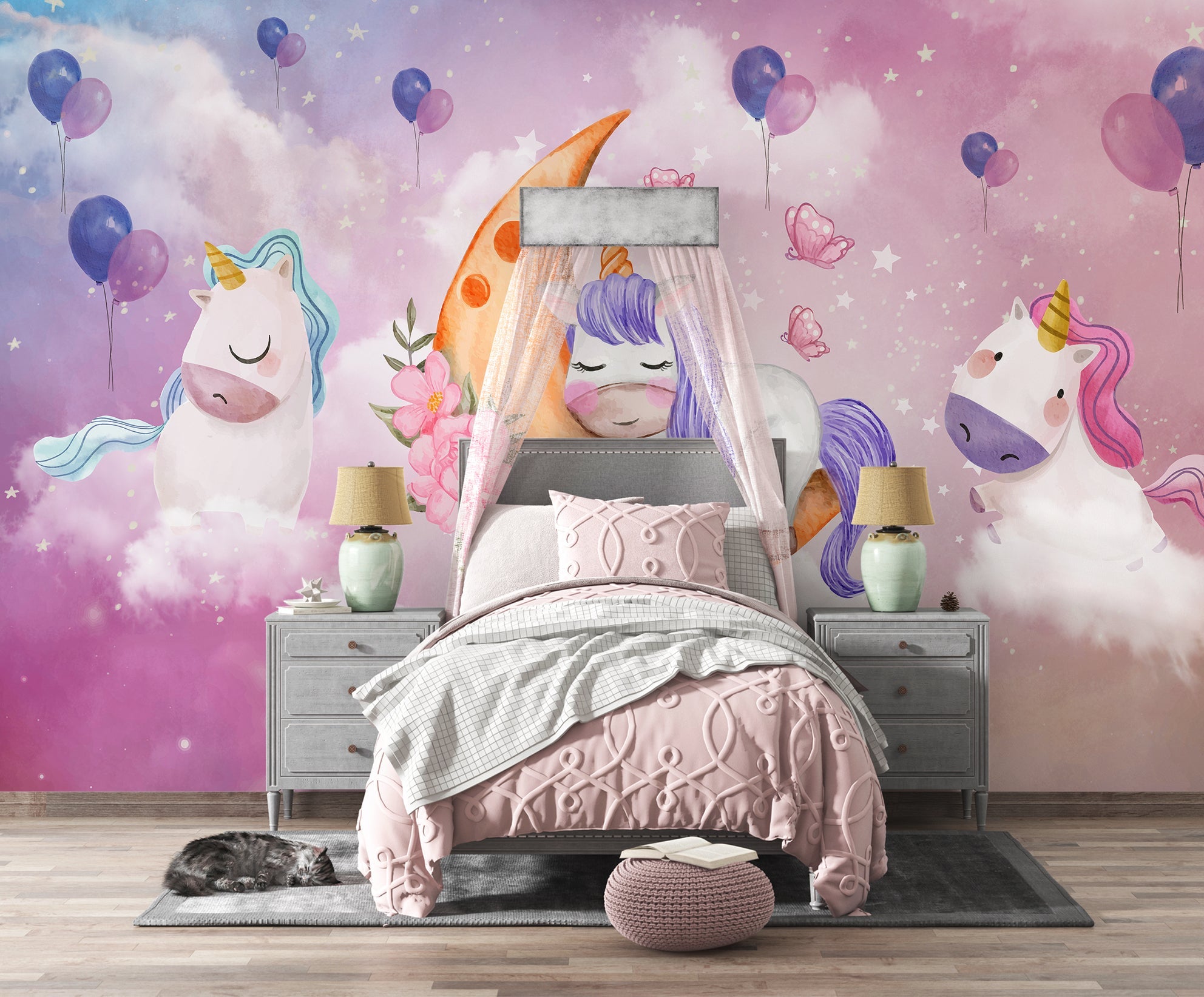 Papier peint licornes roses chambre enfant - Kam & Leon